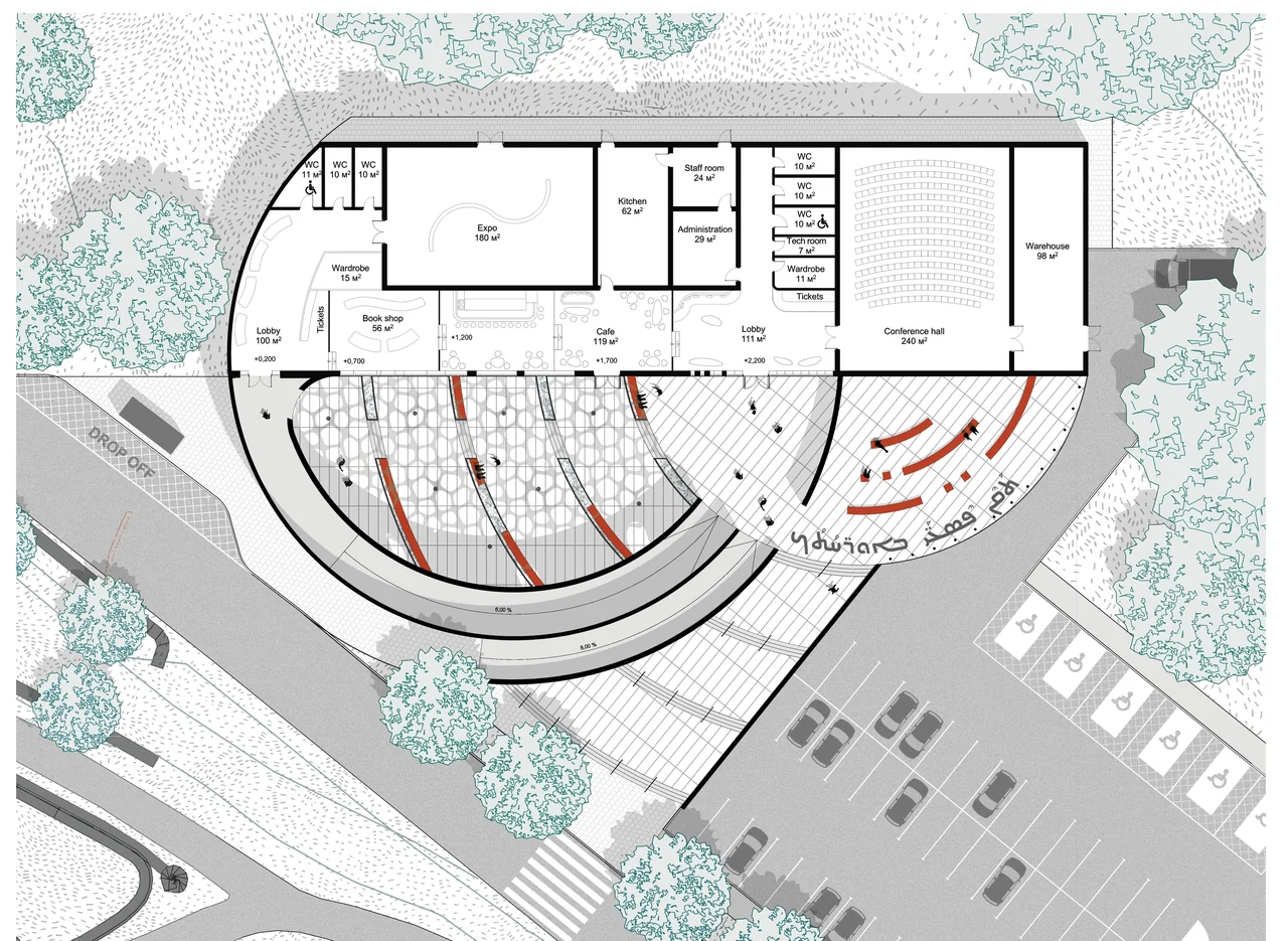 Layout of the visitor centre in Dereiçi with an amphitheatre courtyard and elements of Syriac script